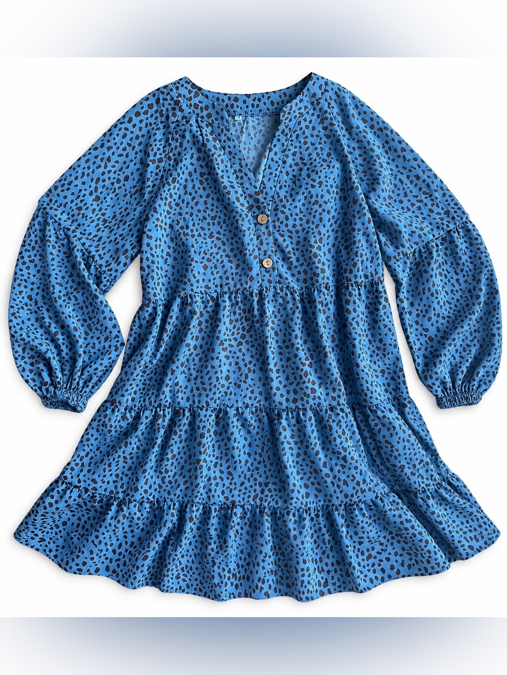 Blue Printed V-Neck Tiered Tunic with Balloon Sleeves